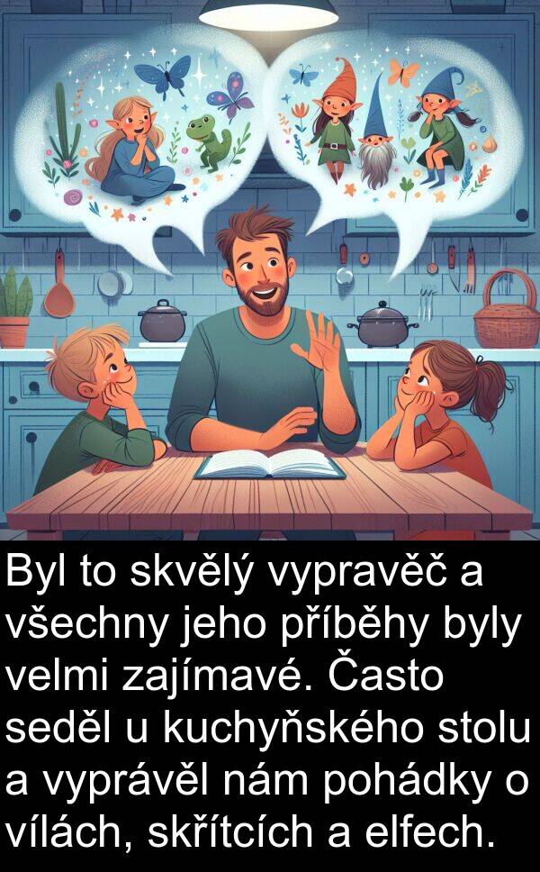 vypravěč: Byl to skvělý vypravěč a všechny jeho příběhy byly velmi zajímavé. Často seděl u kuchyňského stolu a vyprávěl nám pohádky o vílách, skřítcích a elfech.