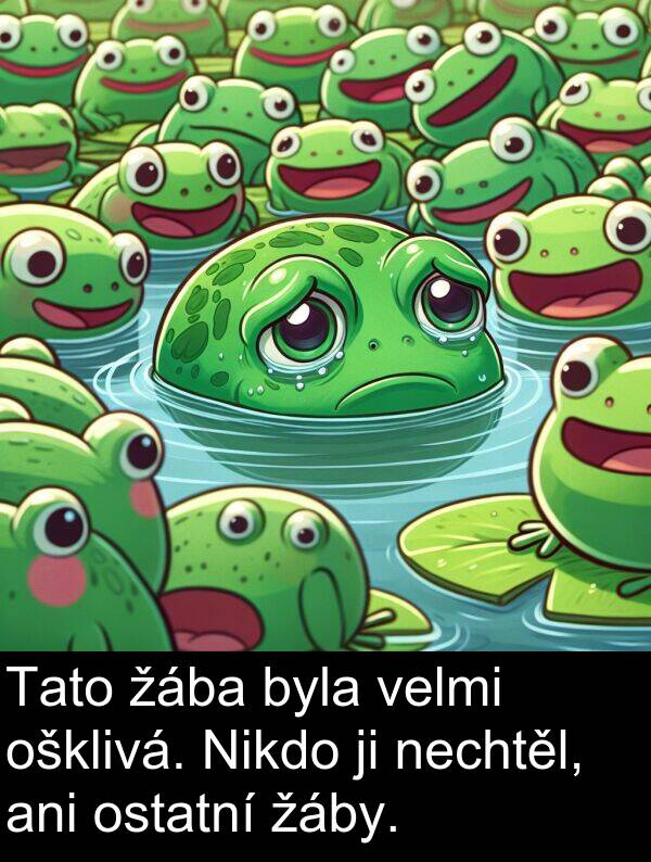 žába: Tato žába byla velmi ošklivá. Nikdo ji nechtěl, ani ostatní žáby.