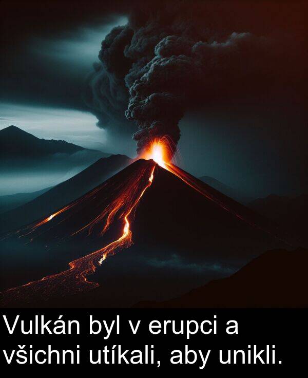 aby: Vulkán byl v erupci a všichni utíkali, aby unikli.