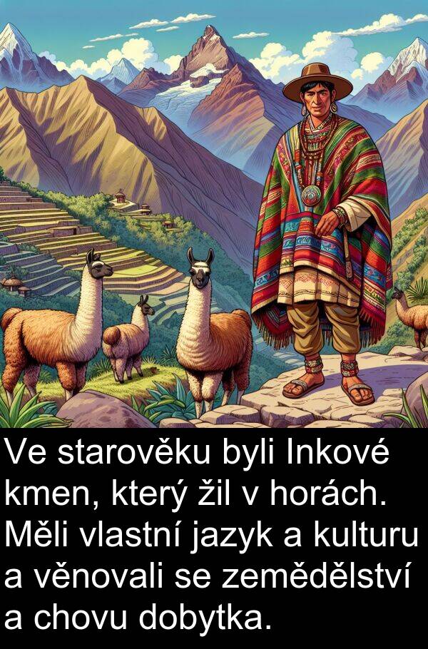 žil: Ve starověku byli Inkové kmen, který žil v horách. Měli vlastní jazyk a kulturu a věnovali se zemědělství a chovu dobytka.