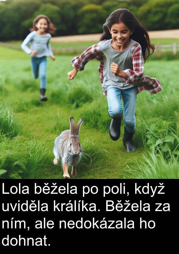 běžela: Lola běžela po poli, když uviděla králíka. Běžela za ním, ale nedokázala ho dohnat.