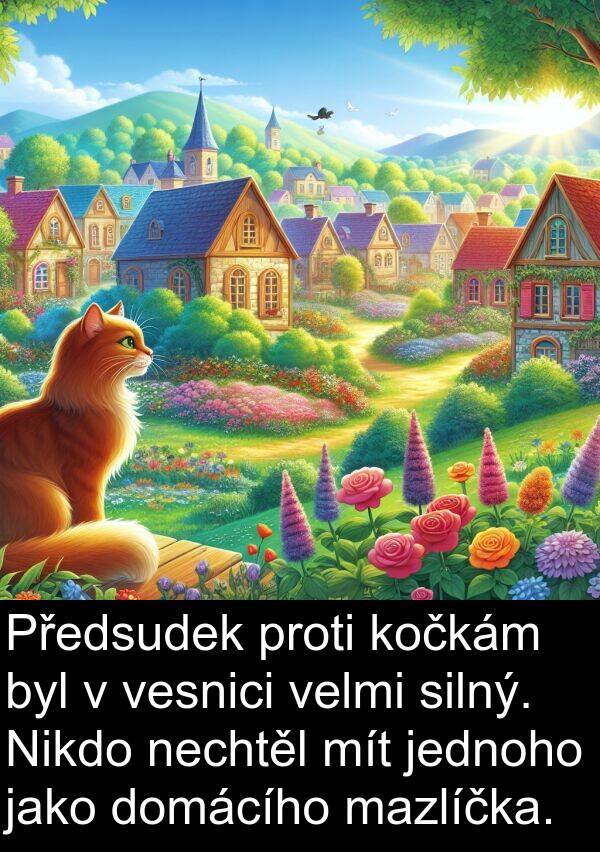 silný: Předsudek proti kočkám byl v vesnici velmi silný. Nikdo nechtěl mít jednoho jako domácího mazlíčka.