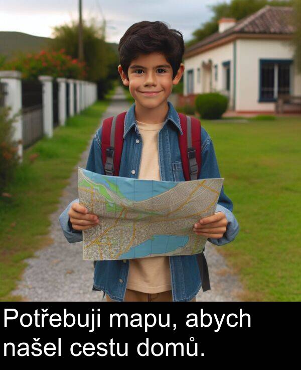 cestu: Potřebuji mapu, abych našel cestu domů.