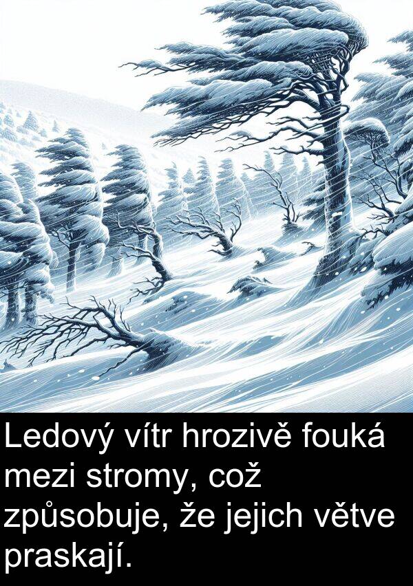 což: Ledový vítr hrozivě fouká mezi stromy, což způsobuje, že jejich větve praskají.