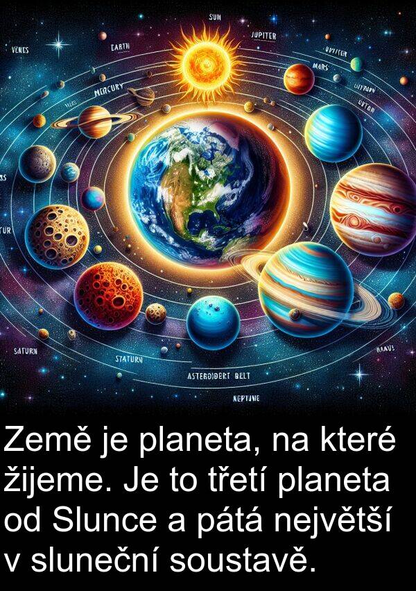 žijeme: Země je planeta, na které žijeme. Je to třetí planeta od Slunce a pátá největší v sluneční soustavě.