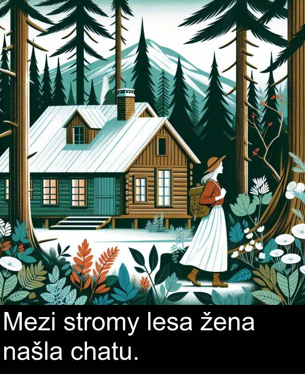 žena: Mezi stromy lesa žena našla chatu.