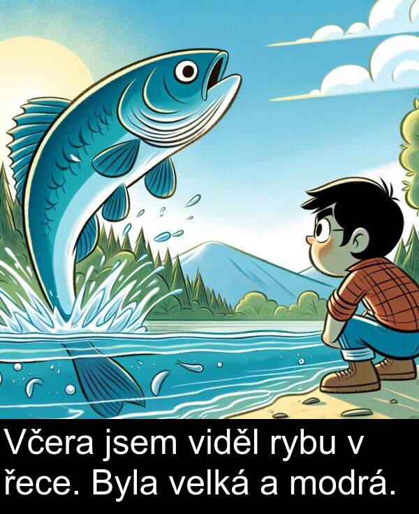 řece: Včera jsem viděl rybu v řece. Byla velká a modrá.