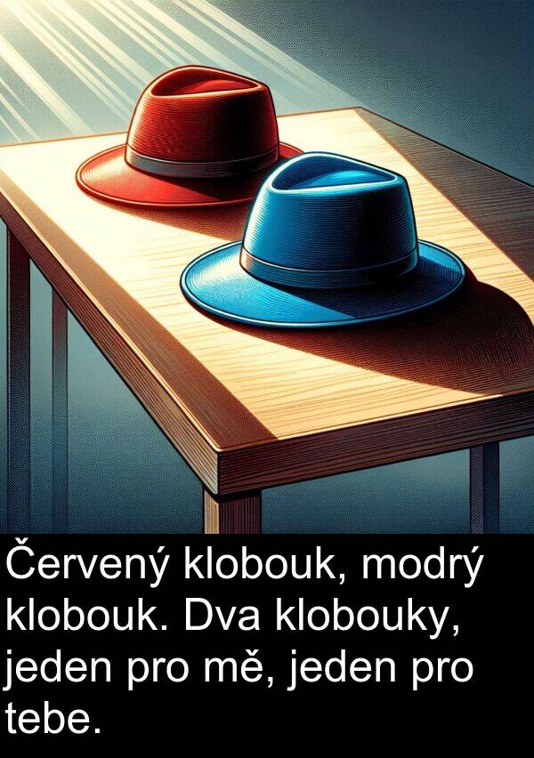 tebe: Červený klobouk, modrý klobouk. Dva klobouky, jeden pro mě, jeden pro tebe.