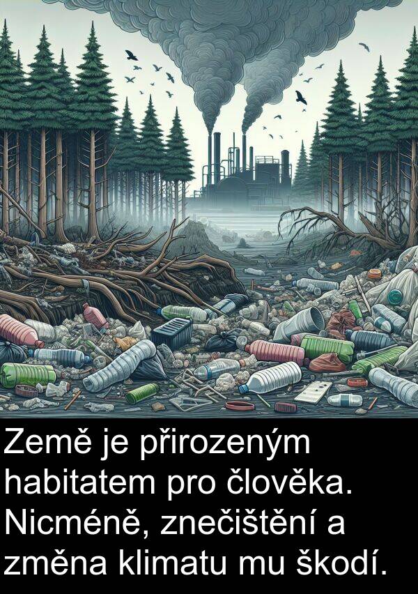 škodí: Země je přirozeným habitatem pro člověka. Nicméně, znečištění a změna klimatu mu škodí.