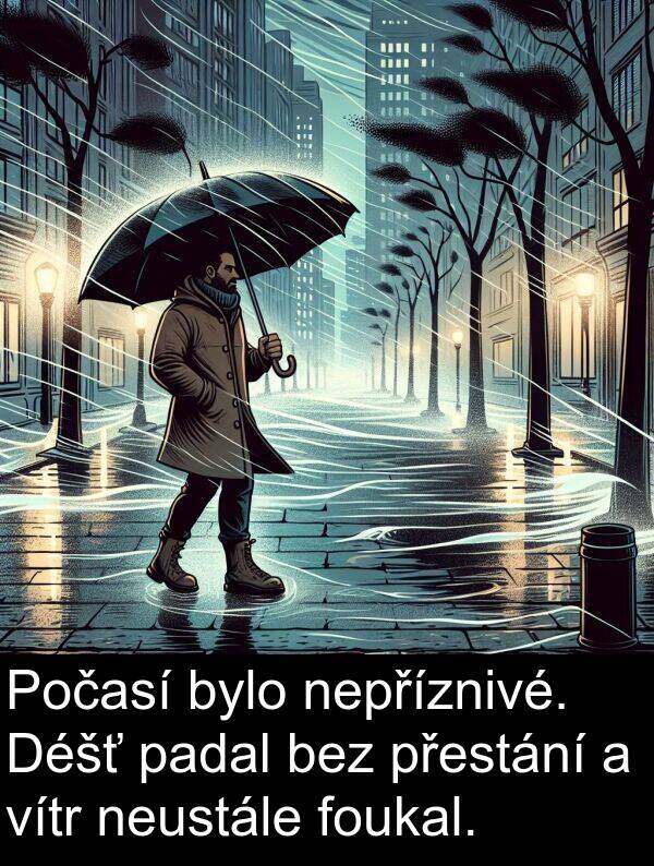 padal: Počasí bylo nepříznivé. Déšť padal bez přestání a vítr neustále foukal.