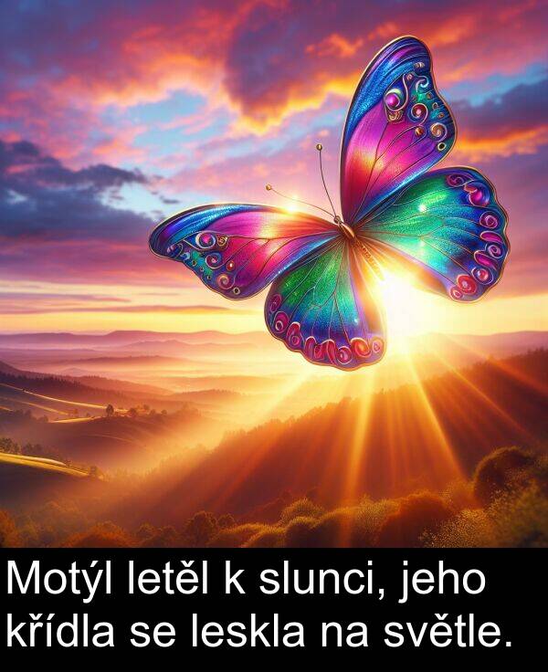 světle: Motýl letěl k slunci, jeho křídla se leskla na světle.