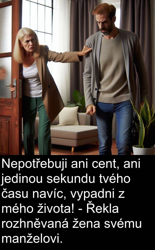 žena: Nepotřebuji ani cent, ani jedinou sekundu tvého času navíc, vypadni z mého života! - Řekla rozhněvaná žena svému manželovi.