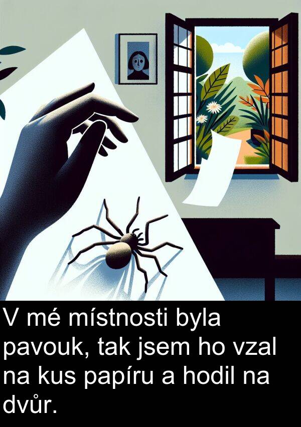 papíru: V mé místnosti byla pavouk, tak jsem ho vzal na kus papíru a hodil na dvůr.