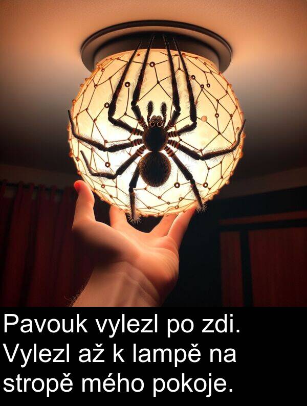 lampě: Pavouk vylezl po zdi. Vylezl až k lampě na stropě mého pokoje.