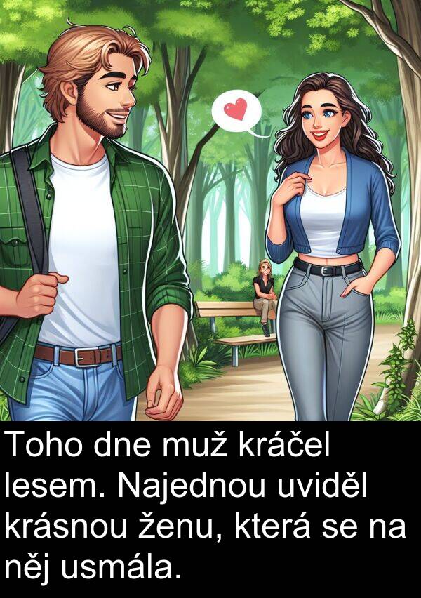 ženu: Toho dne muž kráčel lesem. Najednou uviděl krásnou ženu, která se na něj usmála.