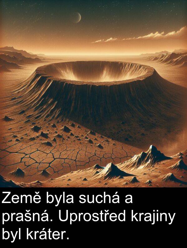 suchá: Země byla suchá a prašná. Uprostřed krajiny byl kráter.