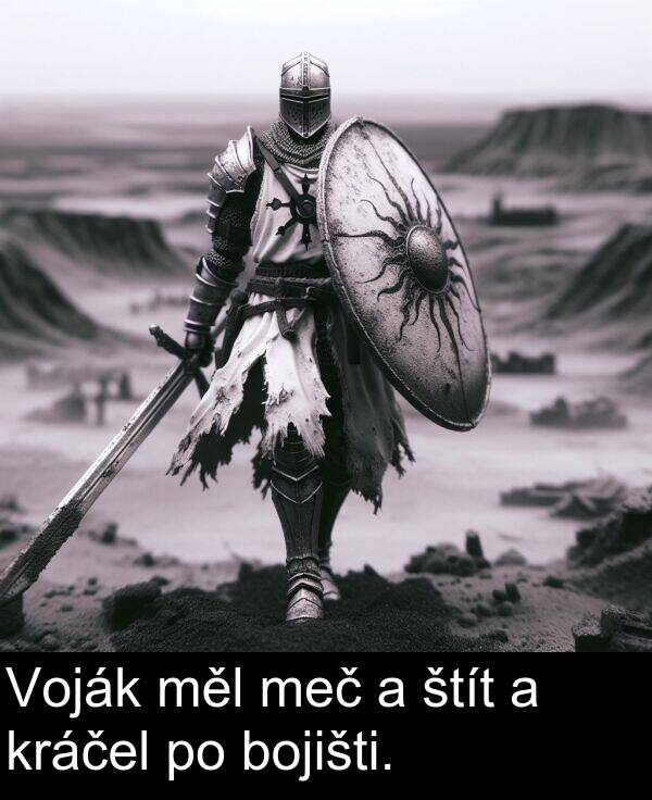 bojišti: Voják měl meč a štít a kráčel po bojišti.