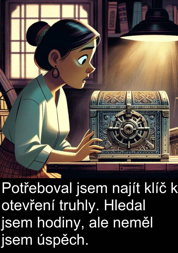 úspěch: Potřeboval jsem najít klíč k otevření truhly. Hledal jsem hodiny, ale neměl jsem úspěch.