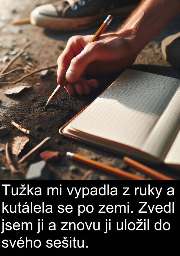 znovu: Tužka mi vypadla z ruky a kutálela se po zemi. Zvedl jsem ji a znovu ji uložil do svého sešitu.