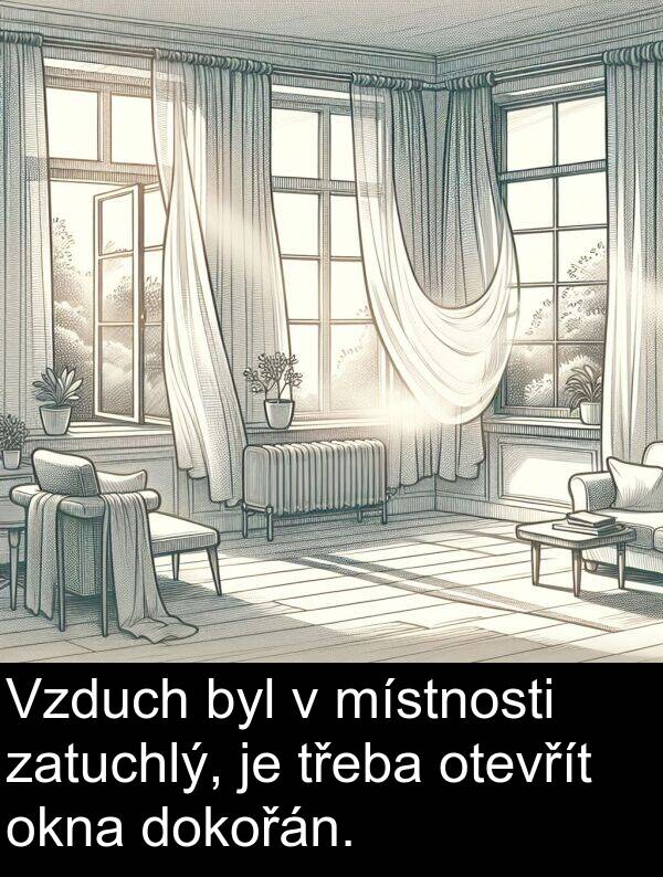 zatuchlý: Vzduch byl v místnosti zatuchlý, je třeba otevřít okna dokořán.