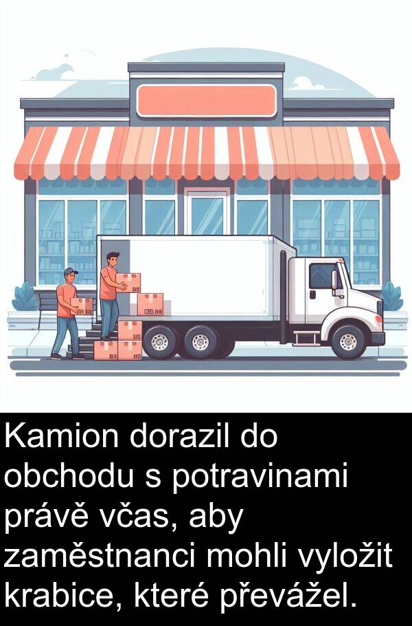 včas: Kamion dorazil do obchodu s potravinami právě včas, aby zaměstnanci mohli vyložit krabice, které převážel.