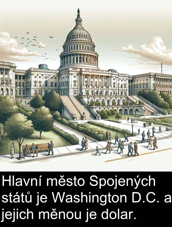 států: Hlavní město Spojených států je Washington D.C. a jejich měnou je dolar.