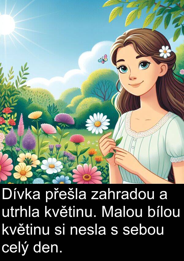 zahradou: Dívka přešla zahradou a utrhla květinu. Malou bílou květinu si nesla s sebou celý den.