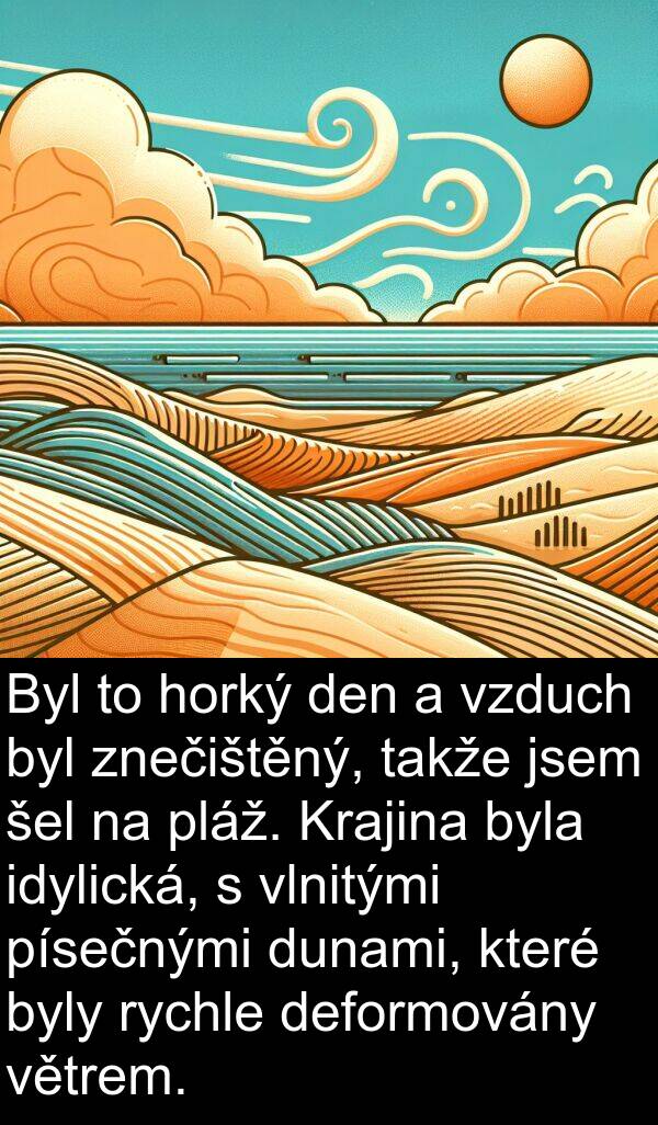 šel: Byl to horký den a vzduch byl znečištěný, takže jsem šel na pláž. Krajina byla idylická, s vlnitými písečnými dunami, které byly rychle deformovány větrem.