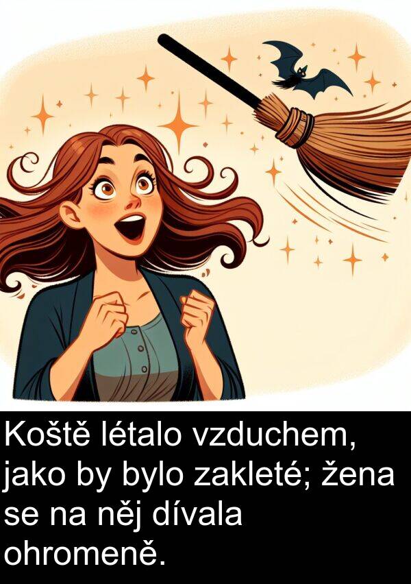 žena: Koště létalo vzduchem, jako by bylo zakleté; žena se na něj dívala ohromeně.