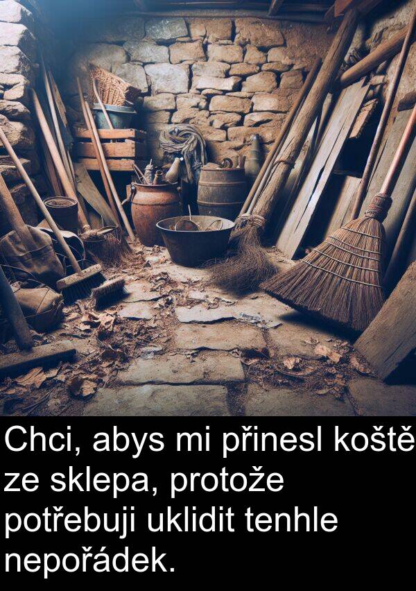 abys: Chci, abys mi přinesl koště ze sklepa, protože potřebuji uklidit tenhle nepořádek.