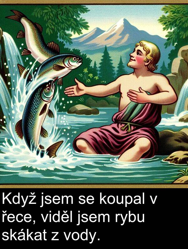 řece: Když jsem se koupal v řece, viděl jsem rybu skákat z vody.