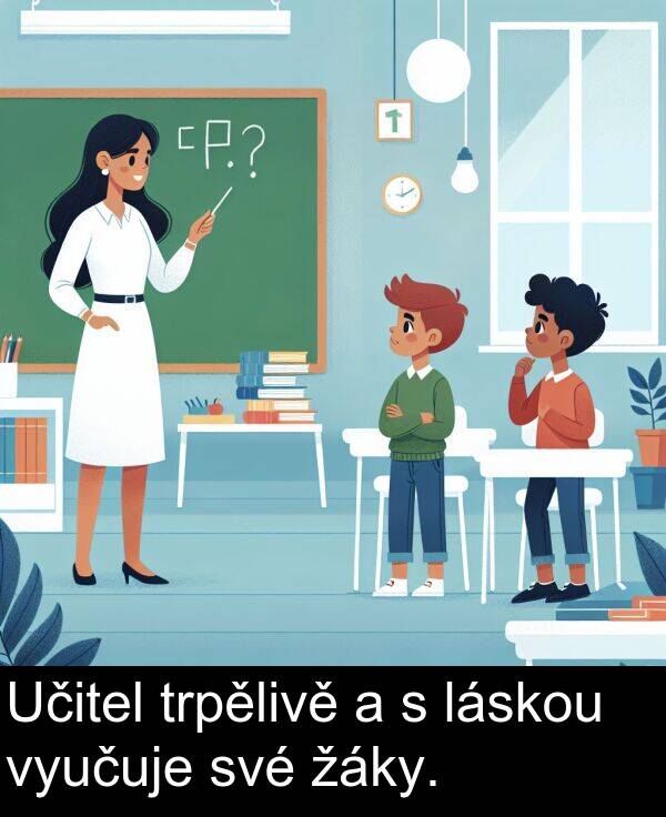 žáky: Učitel trpělivě a s láskou vyučuje své žáky.
