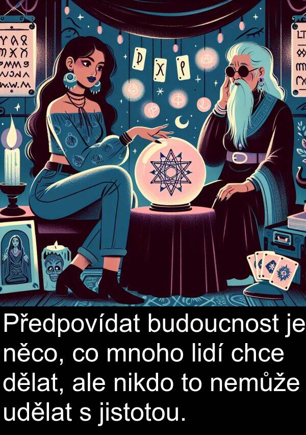 udělat: Předpovídat budoucnost je něco, co mnoho lidí chce dělat, ale nikdo to nemůže udělat s jistotou.