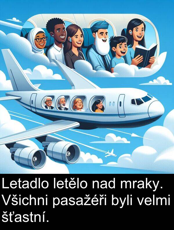 nad: Letadlo letělo nad mraky. Všichni pasažéři byli velmi šťastní.