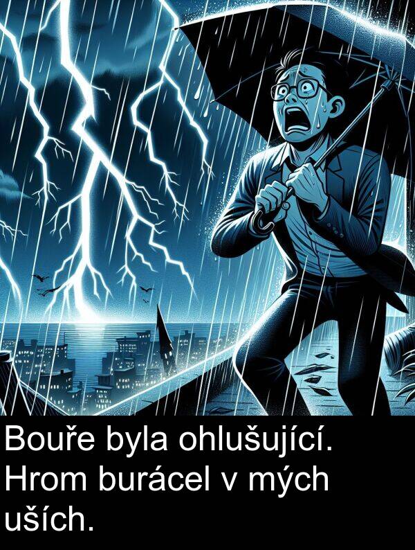burácel: Bouře byla ohlušující. Hrom burácel v mých uších.