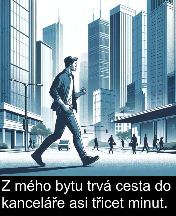 cesta: Z mého bytu trvá cesta do kanceláře asi třicet minut.