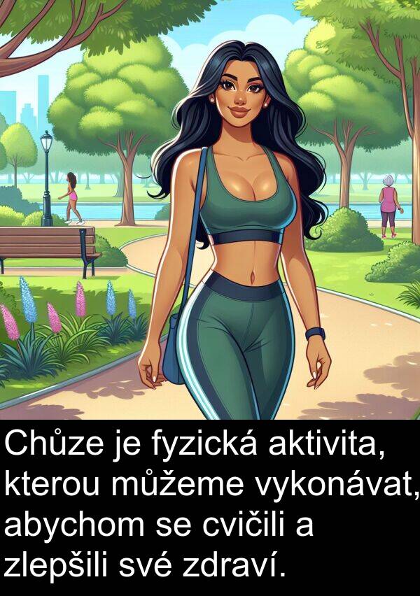 aktivita: Chůze je fyzická aktivita, kterou můžeme vykonávat, abychom se cvičili a zlepšili své zdraví.
