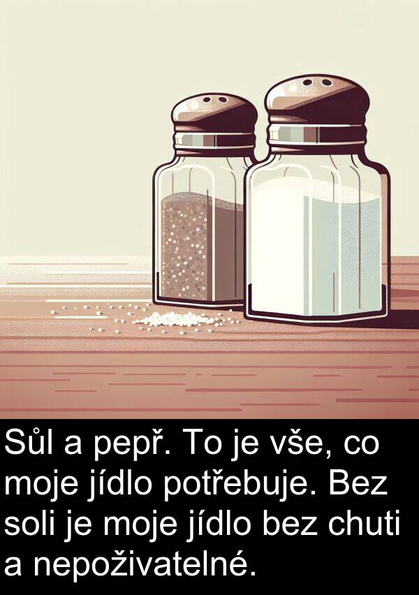 chuti: Sůl a pepř. To je vše, co moje jídlo potřebuje. Bez soli je moje jídlo bez chuti a nepoživatelné.