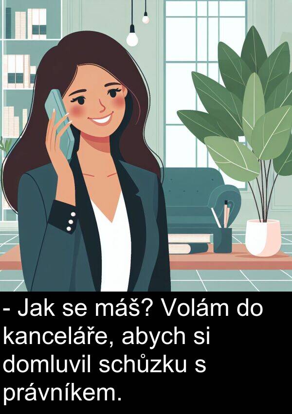 kanceláře: - Jak se máš? Volám do kanceláře, abych si domluvil schůzku s právníkem.