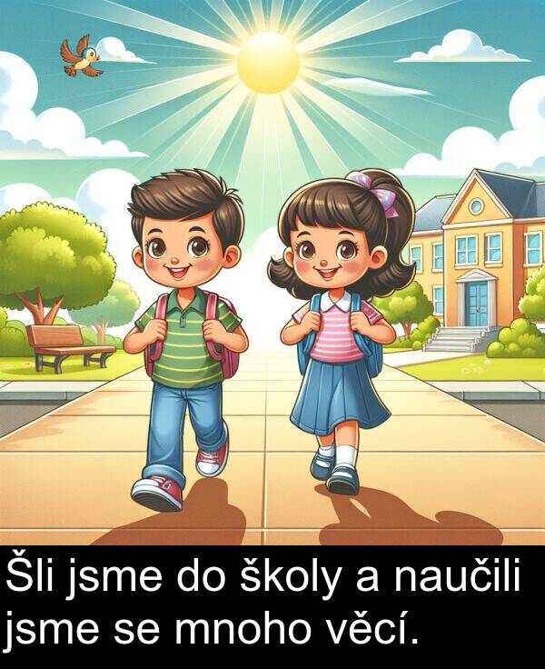 věcí: Šli jsme do školy a naučili jsme se mnoho věcí.