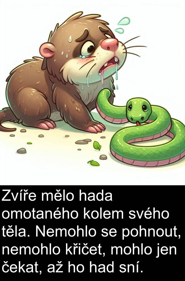 těla: Zvíře mělo hada omotaného kolem svého těla. Nemohlo se pohnout, nemohlo křičet, mohlo jen čekat, až ho had sní.