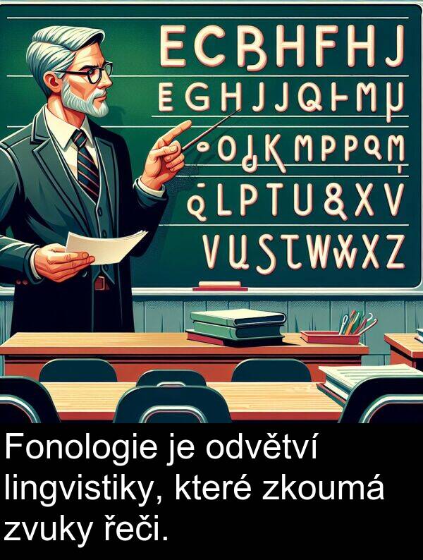 řeči: Fonologie je odvětví lingvistiky, které zkoumá zvuky řeči.