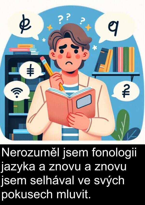 znovu: Nerozuměl jsem fonologii jazyka a znovu a znovu jsem selhával ve svých pokusech mluvit.
