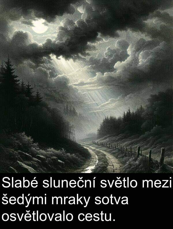 cestu: Slabé sluneční světlo mezi šedými mraky sotva osvětlovalo cestu.