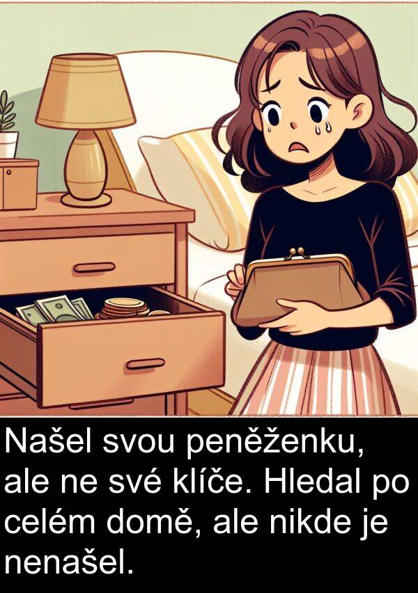 celém: Našel svou peněženku, ale ne své klíče. Hledal po celém domě, ale nikde je nenašel.
