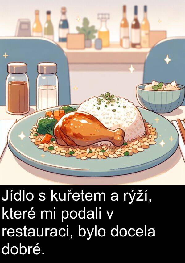 podali: Jídlo s kuřetem a rýží, které mi podali v restauraci, bylo docela dobré.