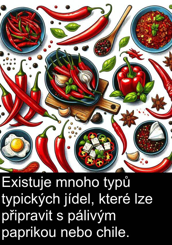 pálivým: Existuje mnoho typů typických jídel, které lze připravit s pálivým paprikou nebo chile.