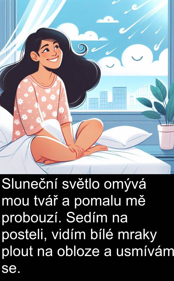 se: Sluneční světlo omývá mou tvář a pomalu mě probouzí. Sedím na posteli, vidím bílé mraky plout na obloze a usmívám se.