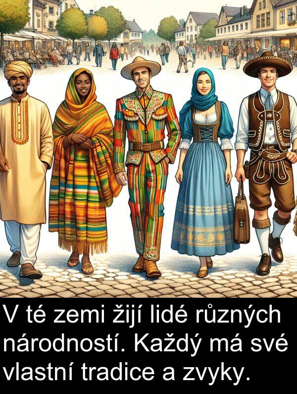 žijí: V té zemi žijí lidé různých národností. Každý má své vlastní tradice a zvyky.