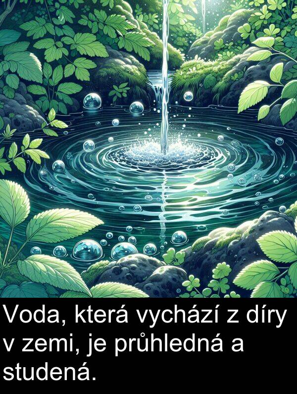 studená: Voda, která vychází z díry v zemi, je průhledná a studená.